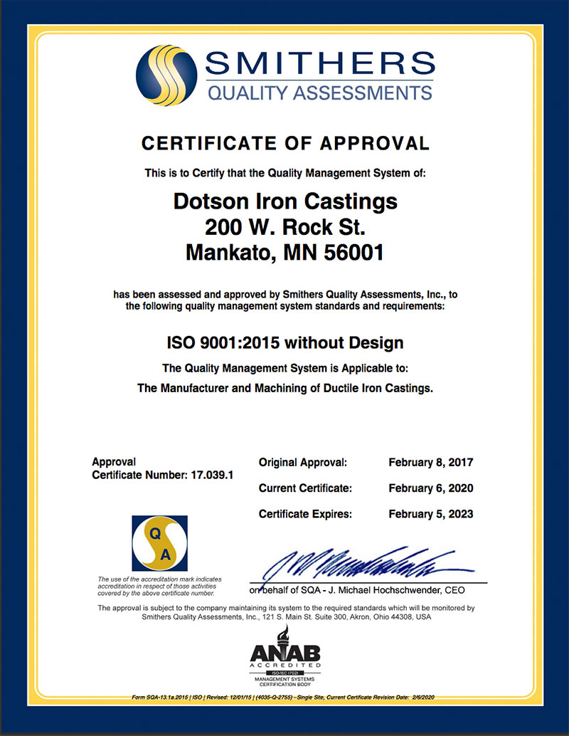 Certifications Standards Dotson Iron Castings