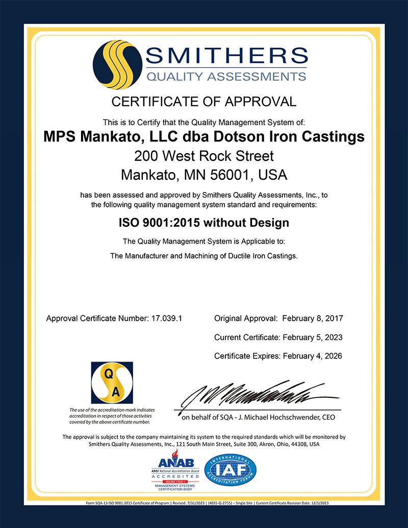 MPS Mankato Dotson ISO Certificate 2023-2026